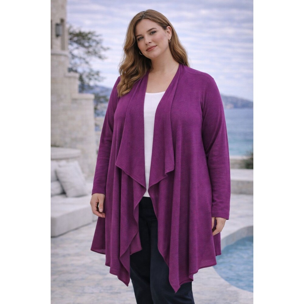 EILEEN FISHER Purple Merino Wool Open Front Cardigan Long Sweater Women 1X